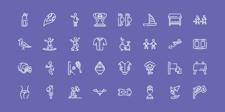 sports outline icon set featuring sport bottle, hostess, stationary bicycle, checkered flag icons.