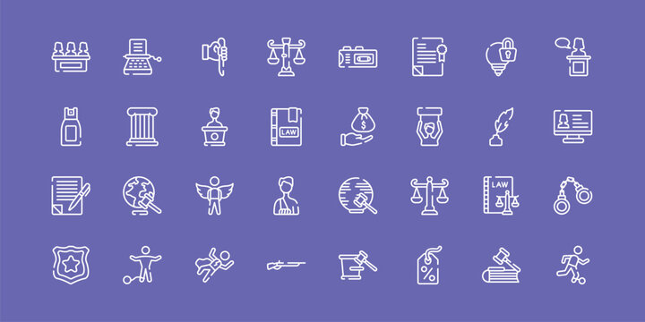 law and justice outline icon set featuring jury, murder, bribery, escape icons.
