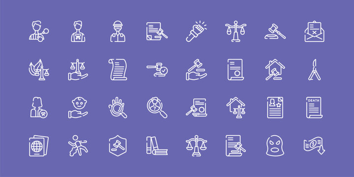 law and justice outline icon set featuring criminal, , qualified protection, bankruptcy icons.
