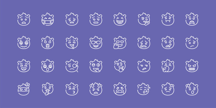 emoji outline icon set featuring anguished emoji, pouting emoji, exhausted icons.