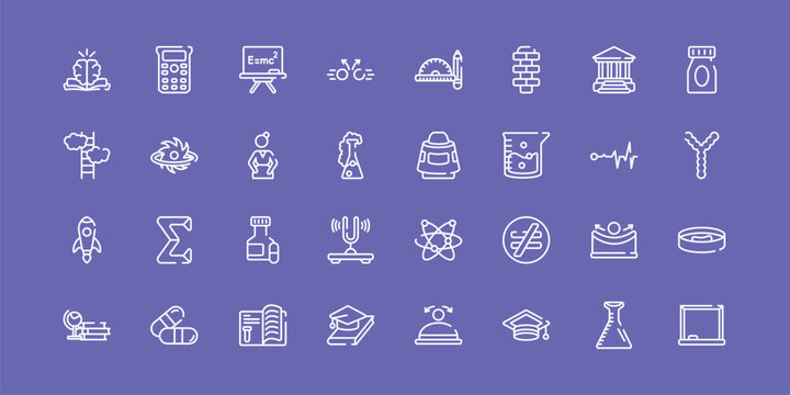 college outline icon set featuring philosophy, relativity, space capsule, drawing board icons.