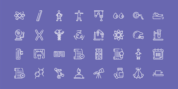 physics outline icon set featuring orbit, basketball player, experimentation, friction icons.