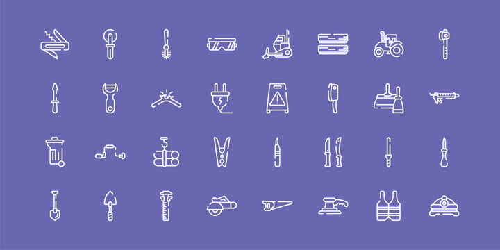 construction line craft outline icon set featuring jackknife, toilet brush, wet floor, torch helmet icons.