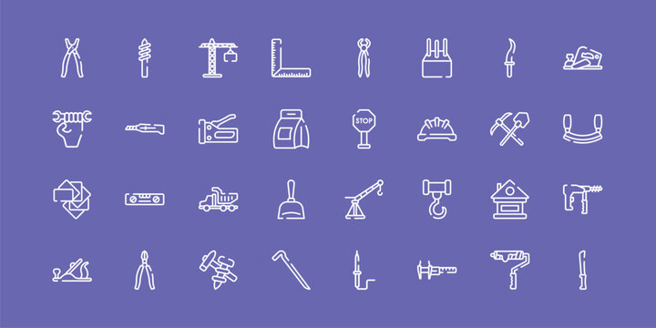 cutting tool outline icon set featuring open pliers, null, stopping, bread knife icons.