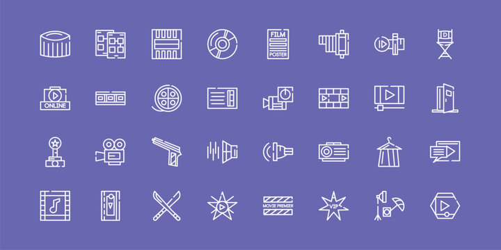 cinema outline icon set featuring zoetrope, freeze frame, turn on, movie player icons.