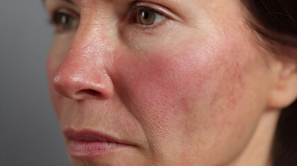 Fototapeta premium Close-up portrait of mature adult woman with visible skin conditions, showing redness and texture, with a subtle side profile gaze, against a gray backdrop