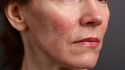 Naklejka premium Close-up profile view of an adult woman's face showcasing facial flush and sensitive skin on a plain background, focus on skin texture