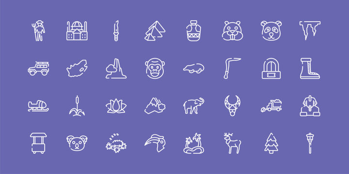 winter nature outline icon set featuring zoo keeper, dagger, mole, street light icons.