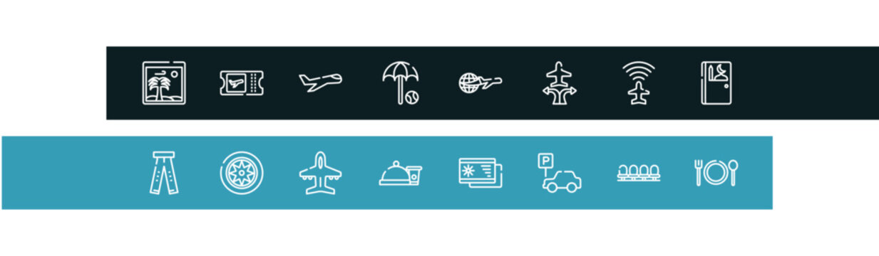 travel and tourism outline icon set featuring vacation images, boarding card, aviation, beach umbrella and beach ball icons.
