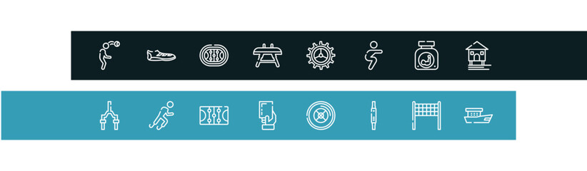 fisherman outline icon set featuring head hitting, soccer boots, hockey arena, vaulting horse icons. © VectorStockDesign