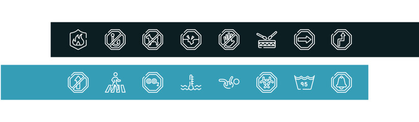 Fototapeta premium universal warning signals outline icon set featuring fire, no fishing, no dogs, road collapse icons.