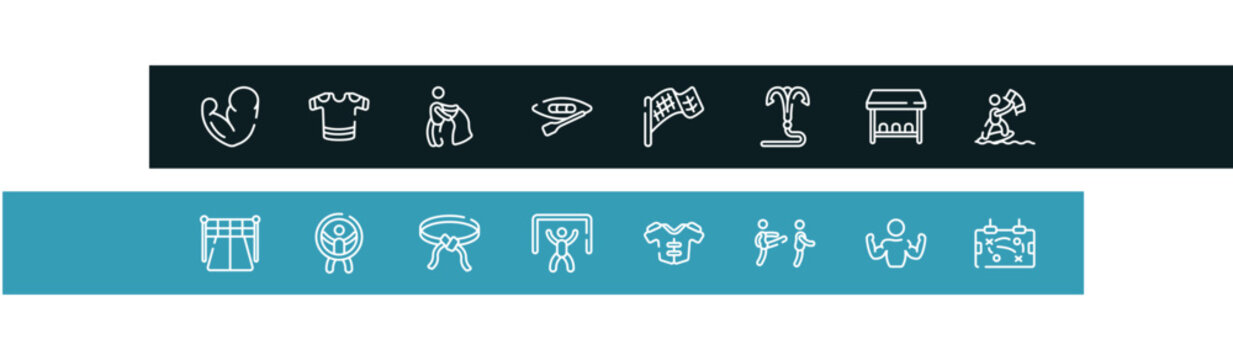 soccer outline icon set featuring muscles, t-shirts, bullfight, canoeing icons.