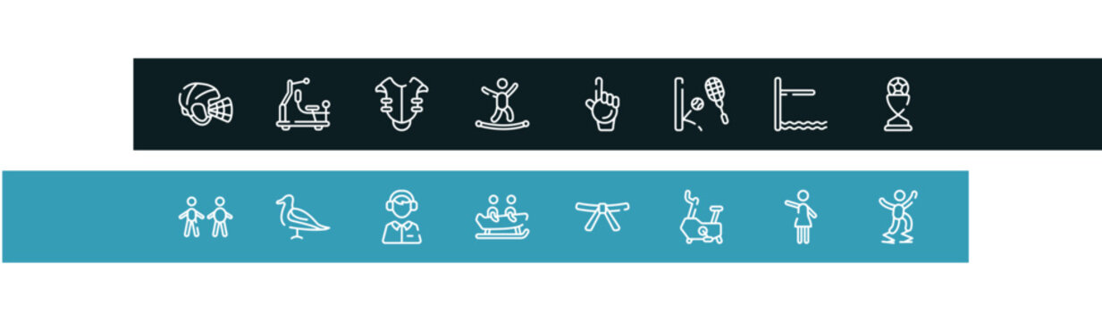 x treme outline icon set featuring hockey helmet, gym station, chest protection, highlining icons.