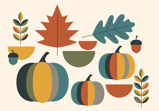 Autumn geometric pattern with pumpkins and leaves