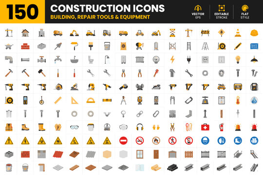 Collection of 150 construction, repair, and building tools and equipment icons