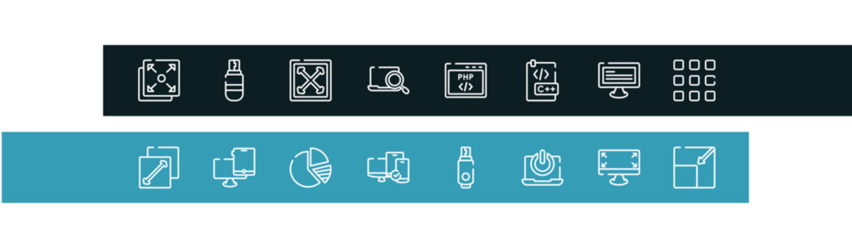 responsive web outline icon set featuring full screen, usb drive, full width, computer search icons.