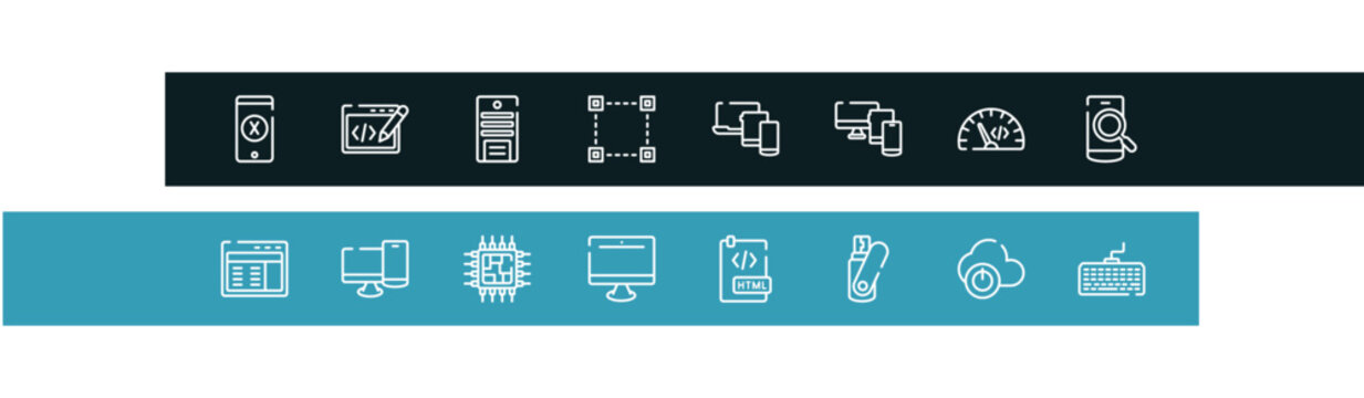 devices outline icon set featuring os x, editing code, system unit, selection square icons.