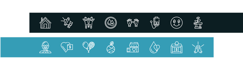 Fototapeta premium charity outline icon set featuring shelter, loudspeaker, happy kids, clean water icons.
