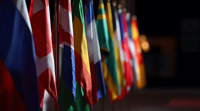 Row of multinational flags displayed outdoors, representing international cooperation, diplomacy, and global unity at an event or conference venue