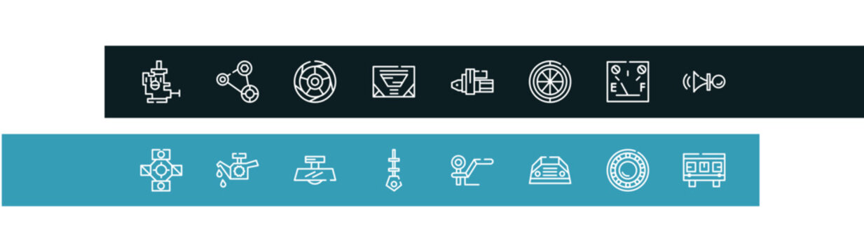 car parts outline icon set featuring car choke, car fan belt, tyre, sunroof or sunshine roof icons.