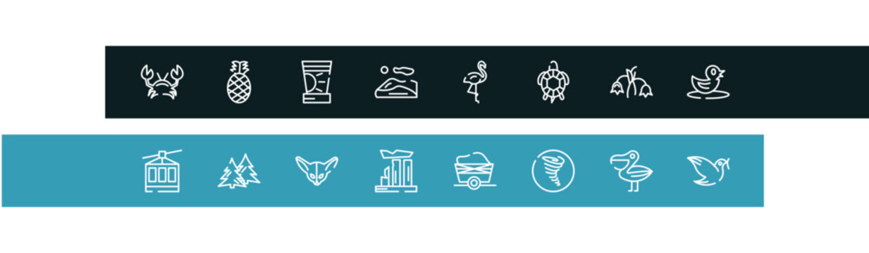 birds outline icon set featuring crab, pine, sun cream, dunes icons.
