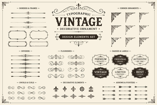 Vintage decorative ornament design elements set with borders, frames, and flourishes