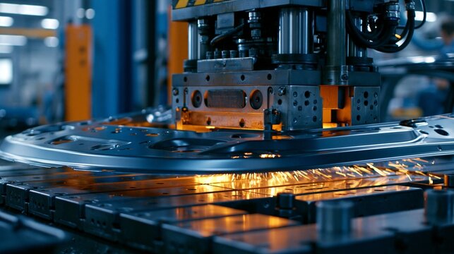 Medium frame capturing the stamping of an SUV outer door skin emphasizing the robust metal shaping and heavyduty press operation in the factory setting.