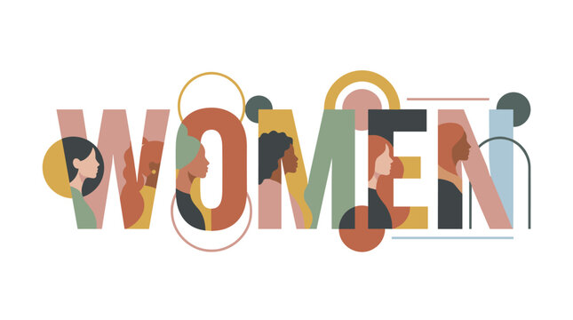 Diverse women portraits integrated into the word women in abstract graphic design