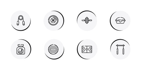 gym outline icon set featuring handgrip, weight plates, electric unicycle, pies icons. © VectorStockDesign