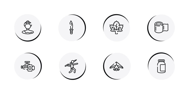 active lifestyle outline icon set featuring gymnast, dive knife, m leaf, null icons.