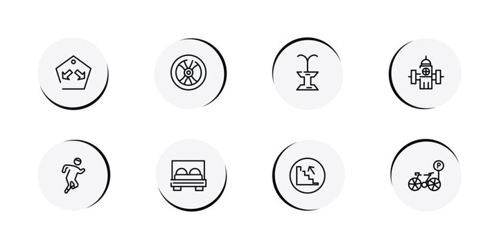 parking outline icon set featuring keep in lane, wheel vehicle part, public fountain, water bomb city supplier icons.