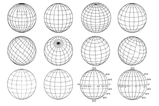 Collection of twelve different globe projections and grid systems for cartography