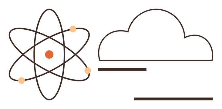 Educational tools, scientific research, cloud technology, data storage, innovation, energy concepts. Atomic structure and cloud motif in minimalist design. Scientific research and cloud technology