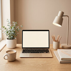 Fototapeta premium Laptop with blank screen on wooden desk with coffee and plant