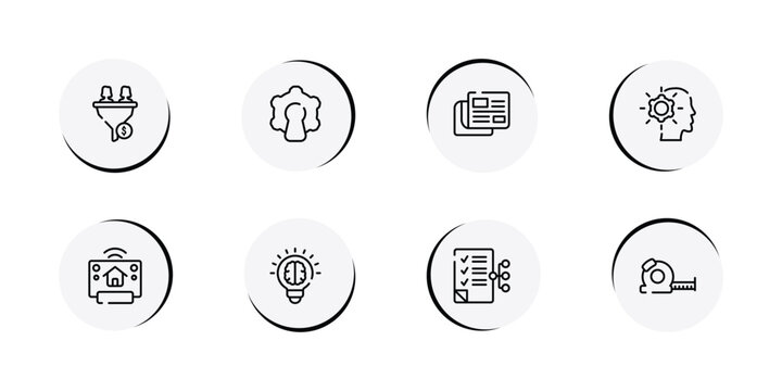 general outline icon set featuring lead conversion, open source, news feed, realization icons.