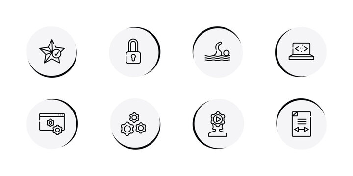 product management outline icon set featuring favorites, locked padlock, swim, clean code icons.