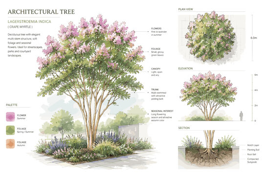 Lagerstroemia Indica Crape Myrtle tree illustration with detailed botanical information