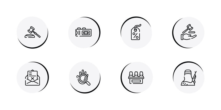 law and justice outline icon set featuring gavel, recorder, bargain, qualified protection icons.