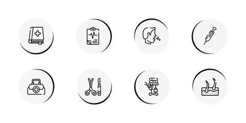 Fototapeta premium medical outline icon set featuring medicine book, medical results, breath, syringe needle icons.