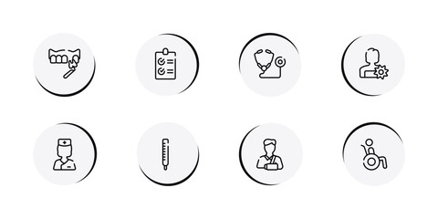 Fototapeta premium health outline icon set featuring veneer, checked list, medical stethoscope variant, woman with flower icons.