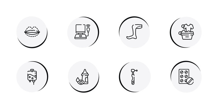 medical instruments outline icon set featuring sil, ultrasonography, legs, washing clothes icons.