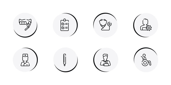 health outline icon set featuring veneer, checked list, medical stethoscope variant, woman with flower icons.