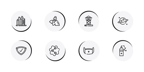Fototapeta premium outline icon set featuring city, sneeze, reservoir, planet icons.