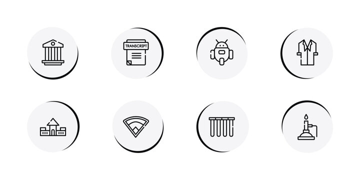 chemistry outline icon set featuring pillars, transcript, , lab coat icons.