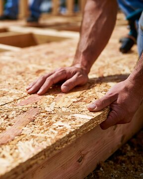 Close medium shot showing the installation of OSB subflooring boards on a chassis frame emphasizing the rough chipboard surface and alignment process.