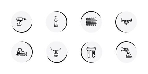 mining and crafting outline icon set featuring hand drill, norigae, fences, sawmill icons. © VectorStockDesign