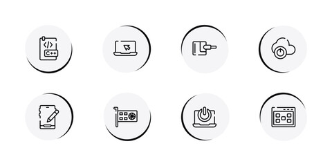 Fototapeta premium programming line craft outline icon set featuring c document, laptop with arrow, power adapter, descendant icons.