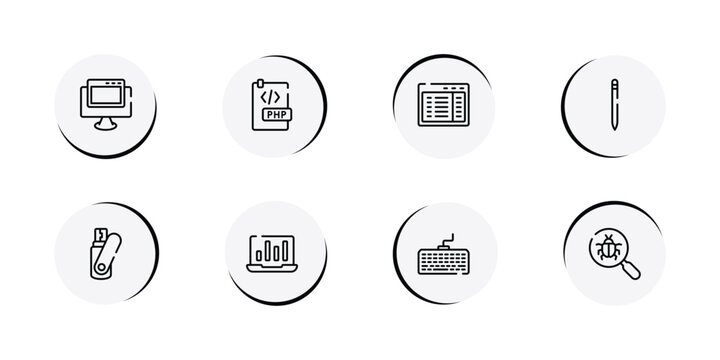 programming line craft outline icon set featuring pc with browser, php document, program interface, pencil icons.