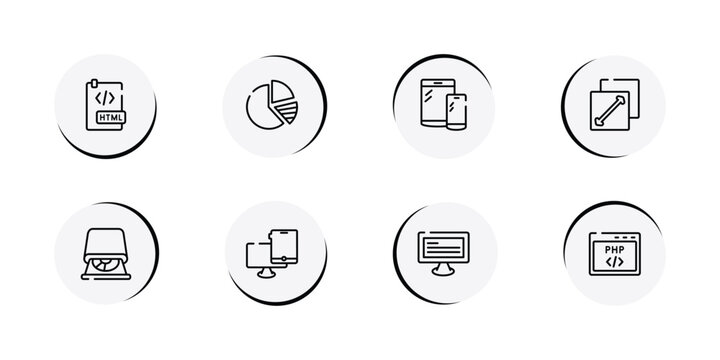 programming line craft outline icon set featuring html document, pie charts, responsive devices, fit screen icons.