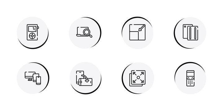 electronic devices fill outline icon set featuring mini, computer search, resize page, case icons.